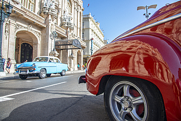 Great Theatre of Havana (Gran Teatro de La Habana), reflected in the fender of a vintage car in Havana, Cuba, West Indies, Caribbean, Central America