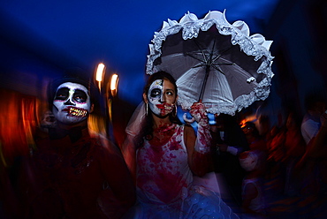 People participating in comparsas (street dances) during the Day of The Dead Celebration, Oaxaca City, Oaxaca, Mexico, North America