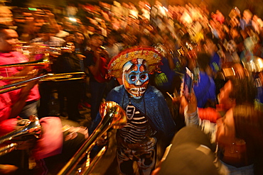 People participating in comparsas (street dances) during the Day of The Dead Celebration, Oaxaca City, Oaxaca, Mexico, North America