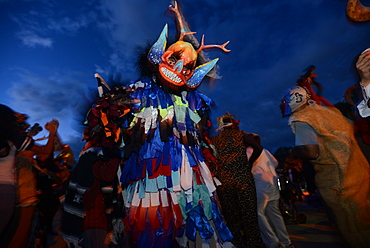 Comparsas (street dances) at the village of Yahuche where people disguise as mythical creatures, Oaxaca, Mexico, North America