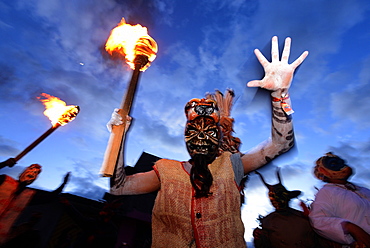 Comparsas (street dances) at the village of Yahuche where people disguise as mythical creatures, Oaxaca, Mexico, North America