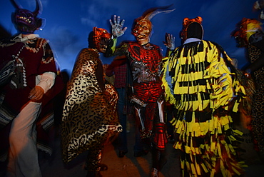 Comparsas (street dances) at the village of Yahuche where people disguise as mythical creatures, Oaxaca, Mexico, North America