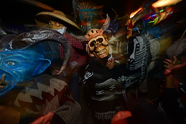 Comparsas (street dances) at the village of Yahuche where people disguise as mythical creatures, Oaxaca, Mexico, North America