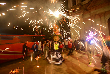 Comparsas (street dances) at the village of San Jose Etla where people disguise as mythical creatures, Oaxaca, Mexico, North America