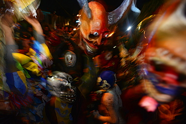 Comparsas (street dances) at the village of Yahuche where people disguise as mythical creatures, Oaxaca, Mexico, North America