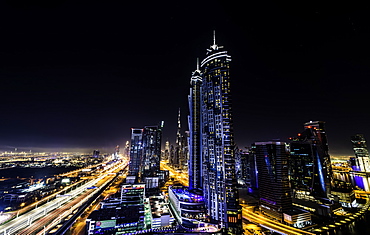 Long exposure overlooking Dubai at night, United Arab Emirates, Middle East