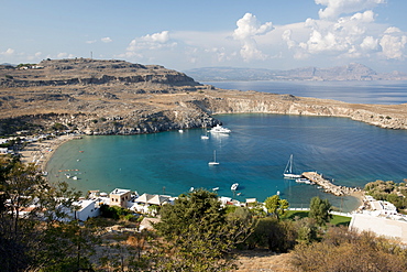 View over Lindos beach, Lindos, Rhodes, Dodecanese, Greek Islands, Greece, Europe