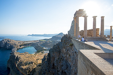 View over St. Pauls Bay from the Acropolis of Lindos, Rhodes, Dodecanese, Greek Islands, Greece, Europe