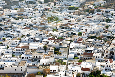 View of traditional white houses in Lindos town, Rhodes, Dodecanese, Greek Islands, Greece, Europe