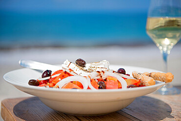 Cypriot Village Salad by the sea served with pitta bread and white wine, Cyprus, Mediterranean, Europe