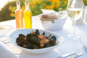 Mussels with white wine at a restaurant in Pefkos, Rhodes, Dodecanese, Greek Islands, Greece, Europe