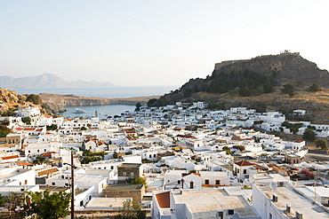 View over Lindos town, Rhodes, Dodecanese, Greek Islands, Greece, Europe