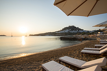 View over Lindos beach at sunrise, Lindos, Rhodes, Dodecanese, Greek Islands, Greece, Europe