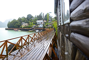 Traditional wood boardwalks in Caleta Tortel coastal village, Aysén Region, Chile