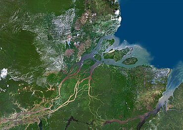 Color satellite image of the Amazon Delta, Brazil. Image collected by Landsat satellites.