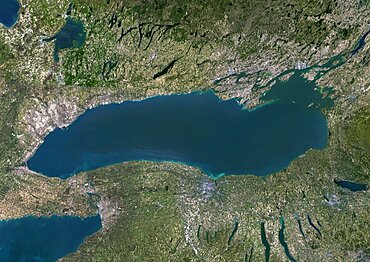 Color satellite image of Lake Ontario, North America. Image collected on May 1, 2016 by Landsat 8 satellite.