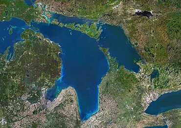 Color satellite image of Lake Huron, North America. Image collected on May 1, 2016 by Landsat 8 satellite.