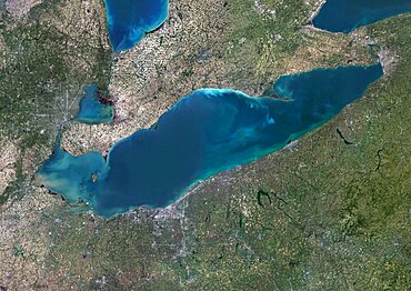 Color satellite image of Lake Erie, North America. Image collected on May 1, 2016 by Landsat 8 satellite.