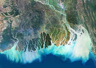 Satellite image of the Ganges River Delta, Bangladesh, India. Also known as the Brahmaputra Delta