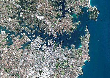 Color satellite image of Sydney, Australia. Image collected on August 23, 2017 by Sentinel-2 satellites.