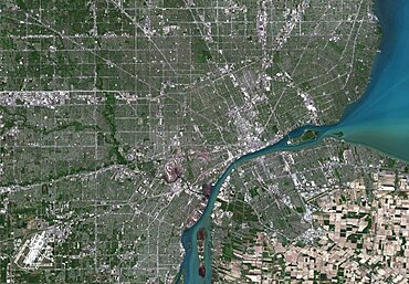 Color satellite image of Detroit, Michigan, United States. Image collected on May 15, 2017 by Sentinel-2 satellites.