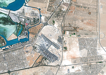 Color satellite image of Abu Dhabi International Airport, United Arab Emirates. The amusement park Ferrari World Abu Dhabi is on Yas Island, at center left on the image. Image collected on September 21, 2017 by Sentinel-2 satellites.