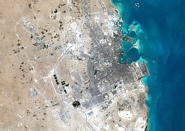 Color satellite image of Doha, capital city of Qatar. Image collected on October 17, 2017 by Sentinel-2 satellites.