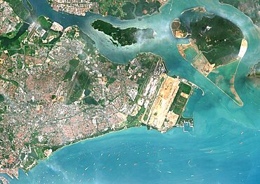 Color satellite image of the eastern part of Singapore. Singapore Changi Airport is at the eastern end of the city. Image collected on July 10, 2017 by Sentinel-2 satellites.