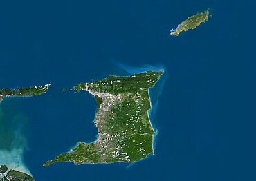 Satellite view of Trinidad and Tobago. This image was compiled from data acquired by Landsat satellites.