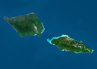 Satellite view of Samoa that consists of two large islands, Upolu and Savaii. This image was compiled from data acquired by Landsat 8 satellite in 2014.