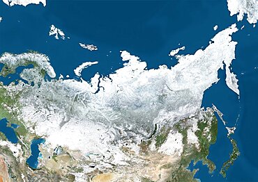 Satellite view of Russia and Central Asia in winter, with partial snow cover. This image was compiled from data acquired by Landsat 7 & 8 satellites.