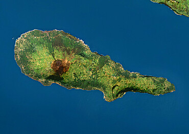 Satellite view of Pico Island, Azores, Portugal. Volcano Mount Pico, to the West, is the highest point in Portugal, at 2351 m, and the most famous landmark in the Azores. This image was compiled from data acquired by Landsat satellites.