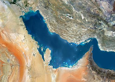 Satellite view of the Persian Gulf. This image was compiled from data acquired in 2014 by Landsat 8 satellite.