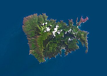 Satellite view of Nuku Hiva, the largest of the Marquesas Islands in French Polynesia. This image was compiled from data acquired by Landsat 8 satellite in 2014.