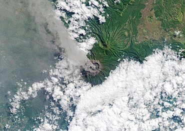 Satellite view of Mount Raung, one of the most active volcanoes on the island of Java in Indonesia. This image was taken on July 27, 2015 by Landsat 8 satellite.