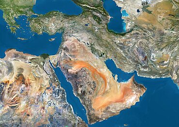 Satellite view of the Middle East. This image was compiled from data acquired in 2014 by Landsat 8 satellite.