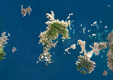 Satellite view of Komodo Island, Indonesia. The image shows the whole Komodo National Park that includes the three islands Komodo, Padar and Rinca. This image was compiled from data acquired by Landsat satellites.