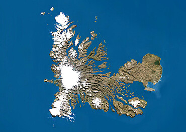 Satellite view of the Kerguelen Islands, a group of islands in the southern Indian Ocean that is part of the French Southern and Antarctic Lands