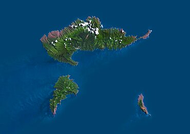 Satellite view of Hiva Oa, the second largest island in the Marquesas Islands, in French Polynesia. This image was compiled from data acquired by Landsat 8 satellite in 2014.