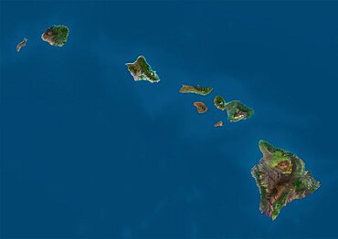 Satellite view of the State of Hawaii, USA. The main islands are Kauai, Oahu, Maui and the Island of Hawaii. This image was compiled from data acquired by Landsat 8 satellite in 2014.