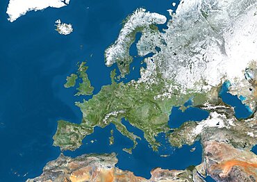 Satellite view of Europe in winter, with partial snow cover. This image was compiled from data acquired by Landsat 7 & 8 satellites.