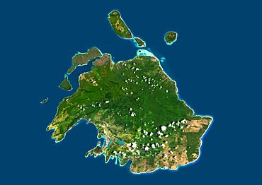 Satellite view of Efate, Vanuatu. It is the most populous island of Vanuatu archipelago. This image was compiled from data acquired by Landsat 8 satellite in 2014.