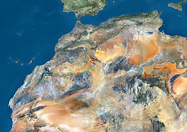 Satellite view of Algeria, Morocco and Tunisia. This image was compiled from data acquired in 2014 by Landsat 8 satellite.