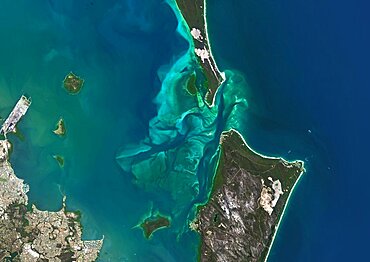 Satellite view of Moreton Bay, Queensland, Australia. This image was compiled from data acquired in 2014 by Landsat 8 satellite.