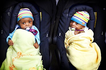 Reportage in a post-natal clinic in Champigny, France. Since leaving the neonatal unit, the twins (3-months old) are checked every week to follow their growth.