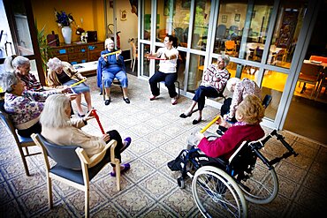 Reportage in Chelles Manor (retirement home), France. Gym lessons for residents suffering from Alzheimer's disease.