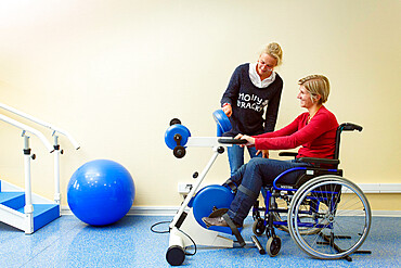 Clinical research in the GHICL. The physical medicine and rehabilitation department in Saint Philibert hospital in Lille, France. Exercises to develop the patient's muscle tone in functional rehabilitation, under the supervision of a doctor.