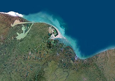 Indigirka River Delta, Russia, True Colour Satellite Image. True colour satellite image of the Indigirka River Delta in Russia. The river flows into the Kolyma Bay, East Siberian Sea. Composite image using LANDSAT 5 data.