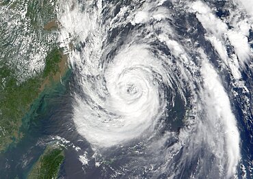 Typhoon Nari, Taiwan, China, Asia, In 2001, True Colour Satellite Image. Typhoon Nari in September 2001 northeast of Taiwan and west of Shanghai, China. True-colour satellite image using MODIS data.