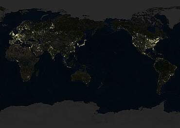 Whole Earth At Night Centred On Pacific Ocean, True Colour Satellite Image. True colour satellite image of the whole Earth at night, centred on the Pacific Ocean. This image in Miller projection was compiled from data acquired by LANDSAT 5 & 7 satellites.